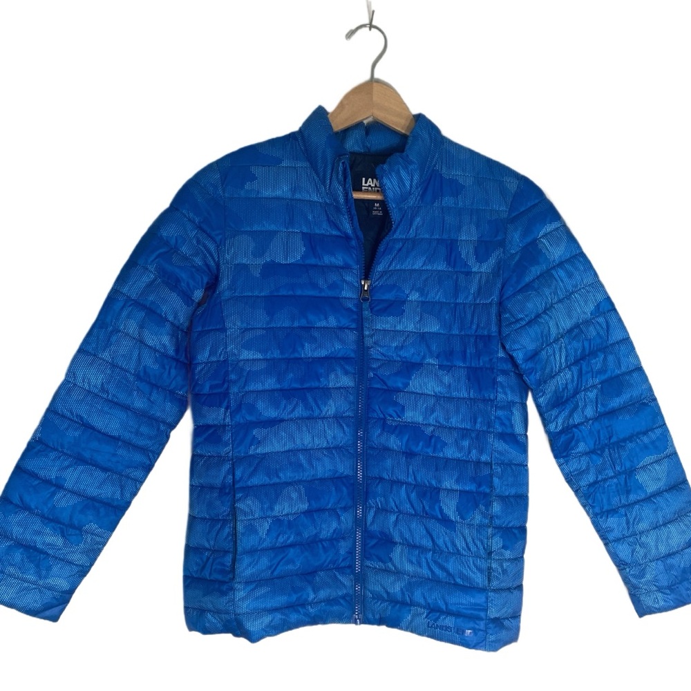 Lands' End Kids Insulated Down Alternative ThermoPlume Jacket Blue Camo‎ M 10/12